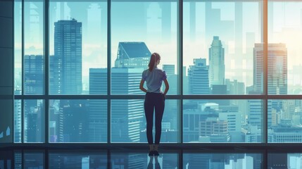Fototapeta premium Successful businesswoman looking out of a large window overlooking the city generative ai
