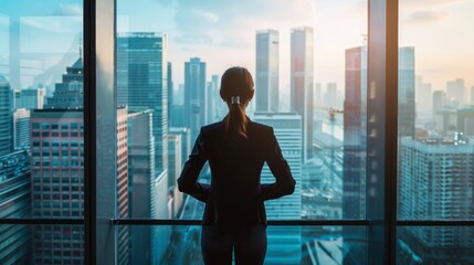 Successful businesswoman looking out of a large window overlooking the city generative ai