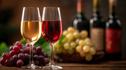 Glasses of wine with bunches of grapes and wine bottles in the background, creating a warm and...
