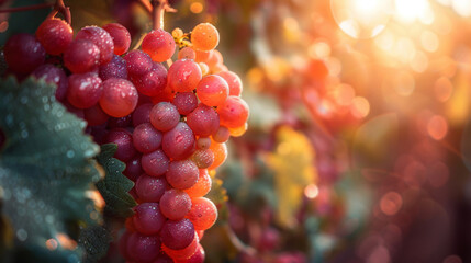 Close-up of ripe grapes hanging on the vine with a warm, golden sunset in the background, creating a beautiful and atmospheric scene