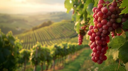 Close-up of ripe grapes on the vine with a vineyard farmhouse in the background at sunset, creating...