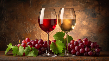 Glasses of wine with bunches of red and green grapes in the background, creating an inviting and elegant setting. Perfect for themes related to wine, vineyards, and gourmet experiences