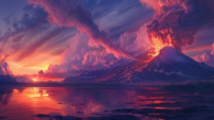 an erupting mountain spewing fiery ash into the sky