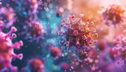 Abstract visualization of influenza spread with swirling particles, Cyberpunk, Neon Colors, High Detail, Highlighting infection dynamics