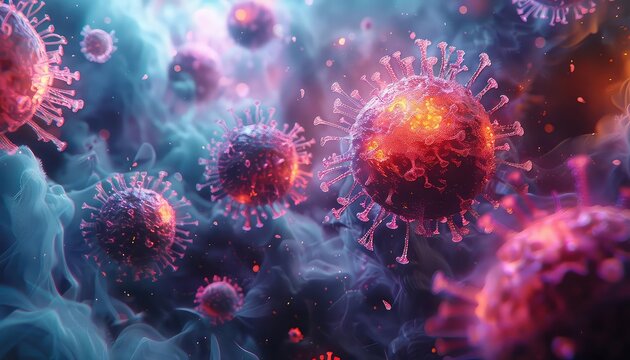 Abstract visualization of hepatitis infection with swirling particles, Cyberpunk, Neon Colors, High Detail, Highlighting liver damage