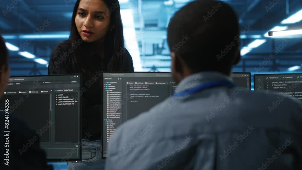 Poster manager in data center talking with employees about annual system review after checking parameters o