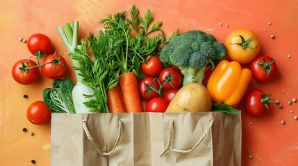 A paper bag filled with various vegetables such as carrots, broccoli, and tomatoes.
