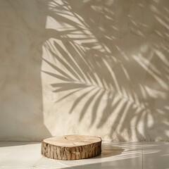 Minimalist wooden stump podium with palm leaf shadow and beige background for product display. For product presentation or showcase.