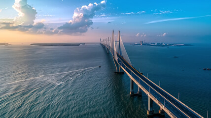 A drone shot of the Mumbai Marine Bridge,