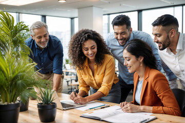 Diverse, multiracial creative team of people in the office, happy employees and ceo having brainstorming meeting, concept of teamwork and collaboration in business, healthy working environment