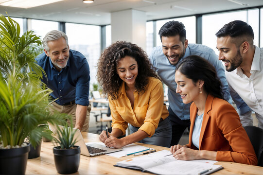 Diverse, multiracial creative team of people in the office, happy employees and ceo having brainstorming meeting, concept of teamwork and collaboration in business, healthy working environment