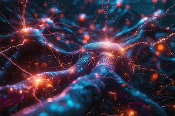 Abstract visualization of brain activity with chaotic patterns, Cyberpunk, Neon Colors, High Detail, Highlighting disordered neural pathways