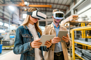 Businesswoman wearing VR glasses with her colleague using tablet PC in factory. Future tech in factories - Powered by Adobe