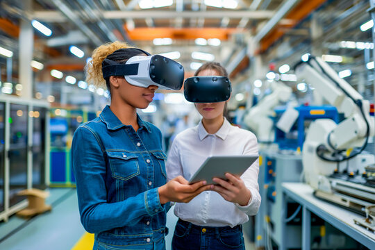 Businesswoman wearing VR glasses with her colleague using tablet PC in factory. Future tech in factories