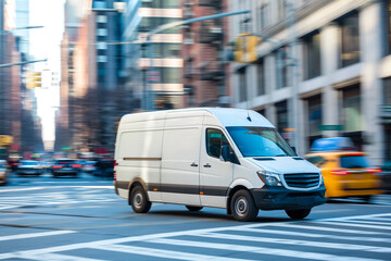 White van driving in the city