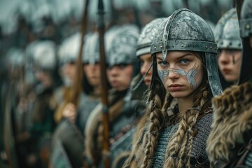 Fototapeta premium Portrait of a Slavic woman warrior in chain mail: depicting a strong and warlike figure reflecting the spirit and heritage of Slavic culture in its struggle and defense.