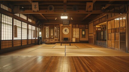 The image is a dojo, a place for martial arts training. The dojo is made of wood and has a high ceiling. The floor is covered with tatami mats.