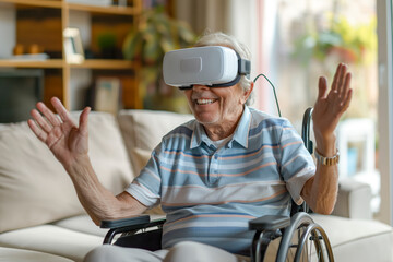Cheerful disabled senior man in a wheelchair gesturing and smiling while wearing the virtual reality goggles at home in the living room