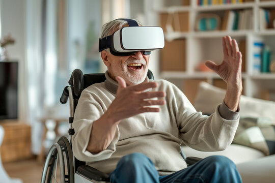 Cheerful disabled senior man in a wheelchair gesturing and smiling while wearing the virtual reality goggles at home in the living room