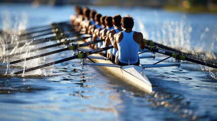 Rowing team in action. The crew is working together to propel the boat forward.