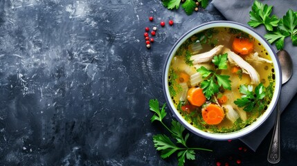 Chicken soup with copy space area. Delicious food
