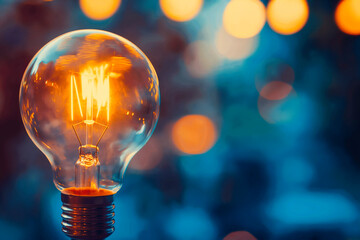 Close up view of a light bulb with a blurry background. Creativity, innovation, or energy-saving concepts