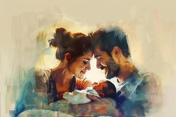 happy parents spending joyful moments with newborn child family love concept digital painting