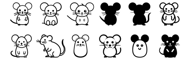 Naklejka premium Mouse silhouettes set, pack of vector silhouette design, isolated background