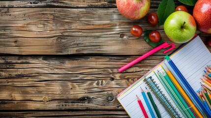 School supplies and fresh fruit on wooden texture