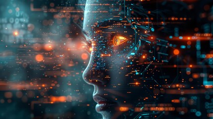 Illustrate a cybersecurity system powered by AI, detecting and preventing cyber threats in realtime to protect sensitive information, Close up