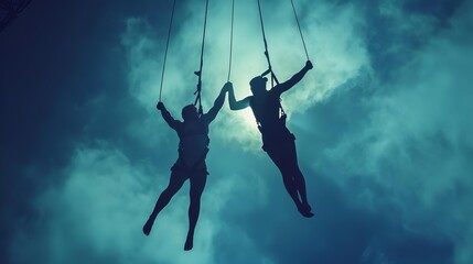 Illustrate a daring trapeze artist soaring through the air, gracefully catching the hands of their partner midflight, Close up