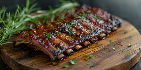 Delicious Grilled Pork Ribs on a Wooden Platter with Copy Space and Selective Focus. Concept Food Photography, Grilled Pork Ribs, Wooden Platter, Copy Space, Selective Focus