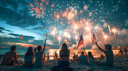 Friends and Family Enjoying the Summer Holiday Fireworks on the Beach. Generative AI.