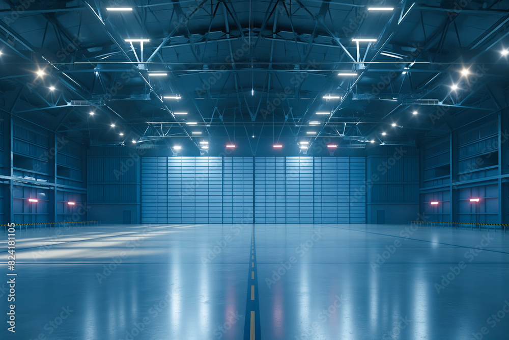 Wall mural empty hangar at night with lights on