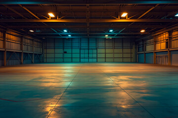 Empty hangar at night with lights on