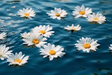 Fototapeta premium daisy flowers or daisies floating on water, sunshine sparkles reflection, concept of beauty and freshness