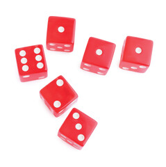 Many red game dices isolated on white, top view