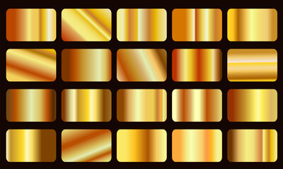 Gold foil texture background set. Vector golden, copper, brass and metal, vector yellow gold gradients metallic gradients set, Set of gold gradients on black background. Vecktor illustration.