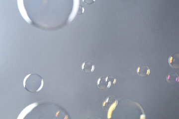 Beautiful transparent soap bubbles on gray background
