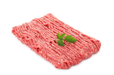 Raw ground meat and parsley isolated on white