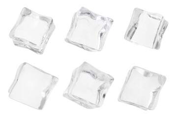 Crystal clear ice cubes isolated on white, set