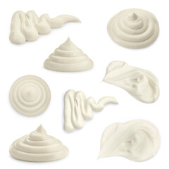 Sour cream or mayonnaise smears isolated on white, set. Delicious sauce