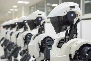 Fototapeta premium Warehouse full of humanoid service robots at a factory.