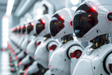 Warehouse full of humanoid service robots at a factory.