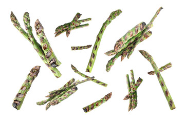 Grilled asparagus spears in air on white background