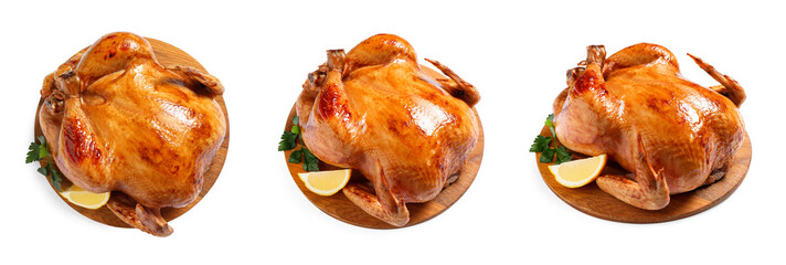 Delicious roasted chicken isolated on white, different angles. Set