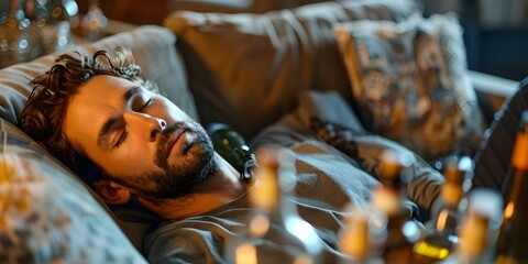 A man is passed out on a couch surrounded by empty bottles following a night of drinking. Concept Alcohol abuse, Hangover aftermath, Party regrets, Excessive drinking, Unconscious on couch