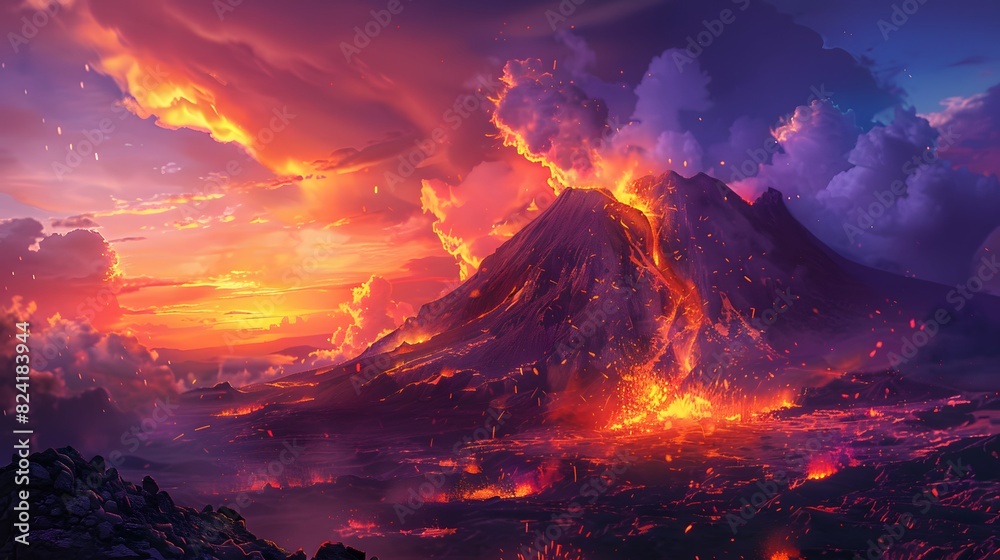 Wall mural an erupting mountain spewing fiery ash into the sky - Wall murals