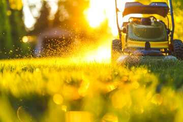 Lawn mower cutting green grass in backyard, mowing lawn. No person