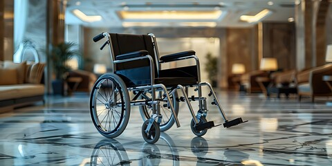 Unoccupied wheelchair in a luxurious lobby symbolizing healthcare accessibility and modern facilities. Concept Accessibility, Healthcare, Luxury, Modern Facilities, Symbolism